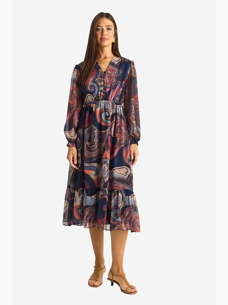 Vestido midi com decote em v e padrão paisley lucci Azul-lago - Kiabi