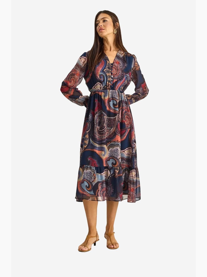 Vestido midi com decote em v e padrão paisley lucci Azul-lago - Kiabi
