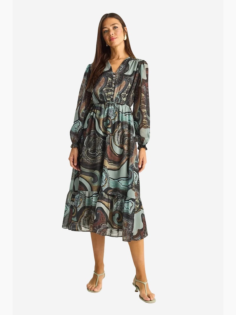 Vestido midi com decote em v e padrão paisley lucci Azul-petróleo - Kiabi