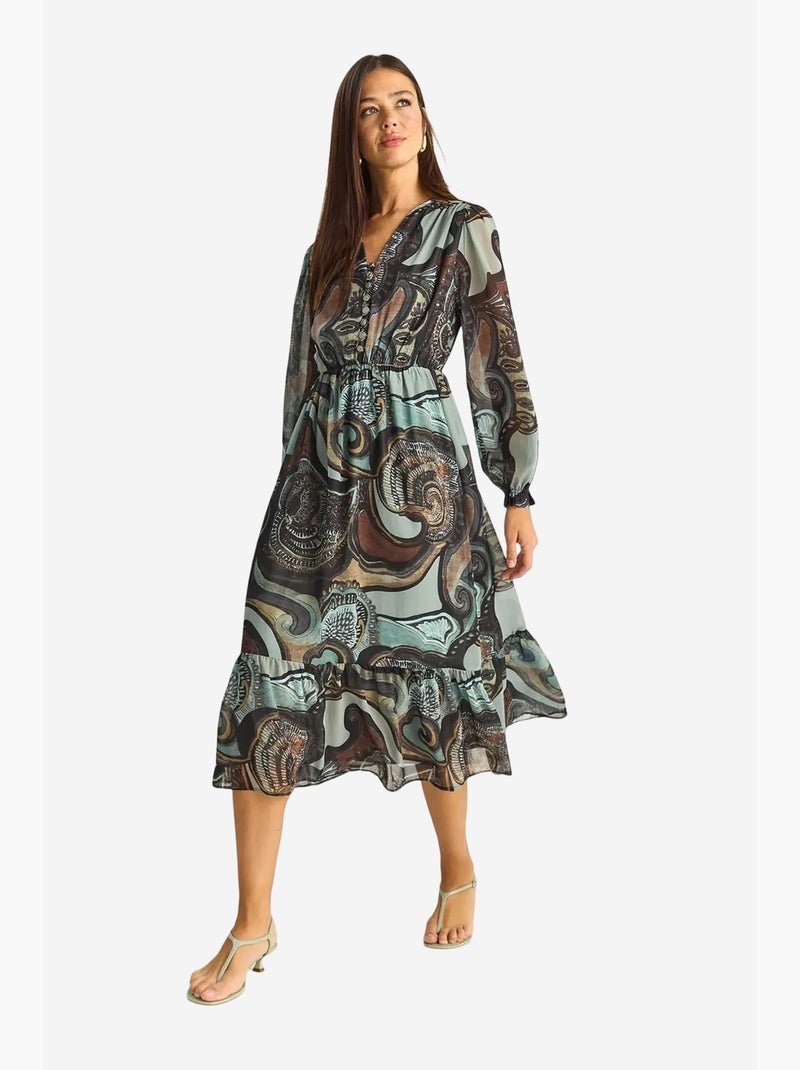 Vestido midi com decote em v e padrão paisley lucci Azul-petróleo - Kiabi