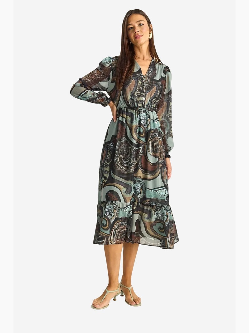 Vestido midi com decote em v e padrão paisley lucci Azul-petróleo - Kiabi