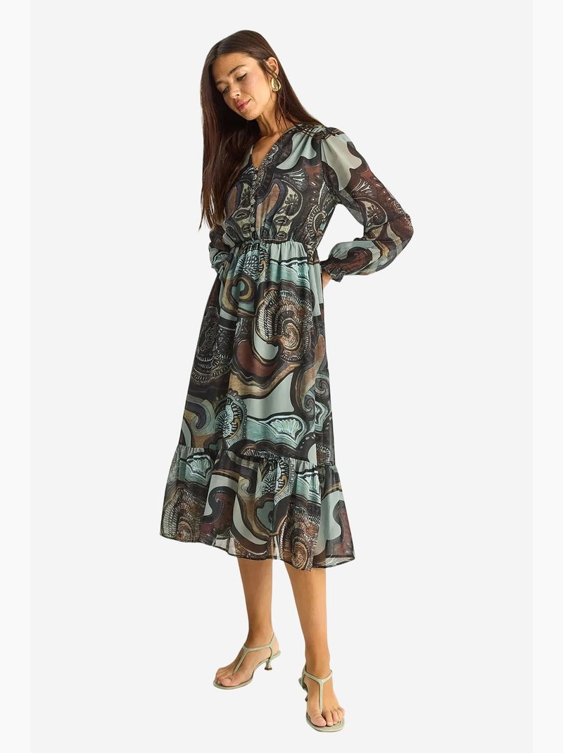 Vestido midi com decote em v e padrão paisley lucci Azul-petróleo - Kiabi