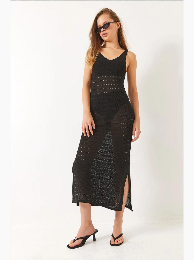 Vestido midi com decote em v e racha lucci Preto - Kiabi