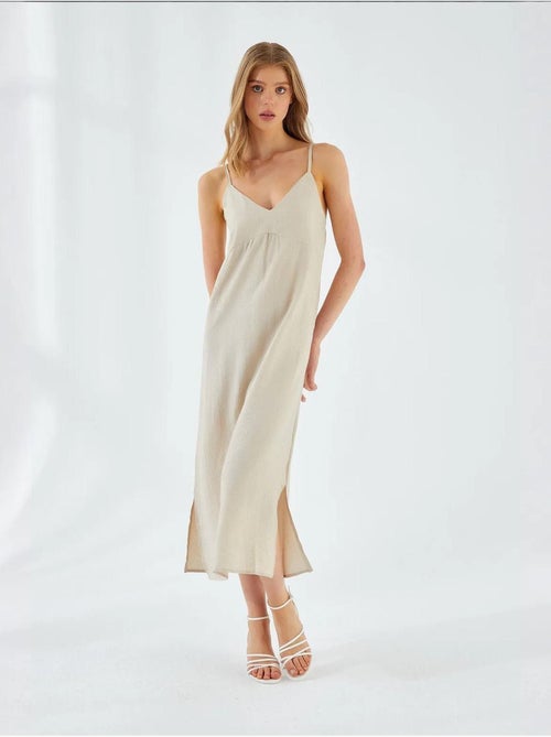 Vestido midi com decote em v e racha mixray - Kiabi Vestido midi com decote em v e racha mixray - Kiabi