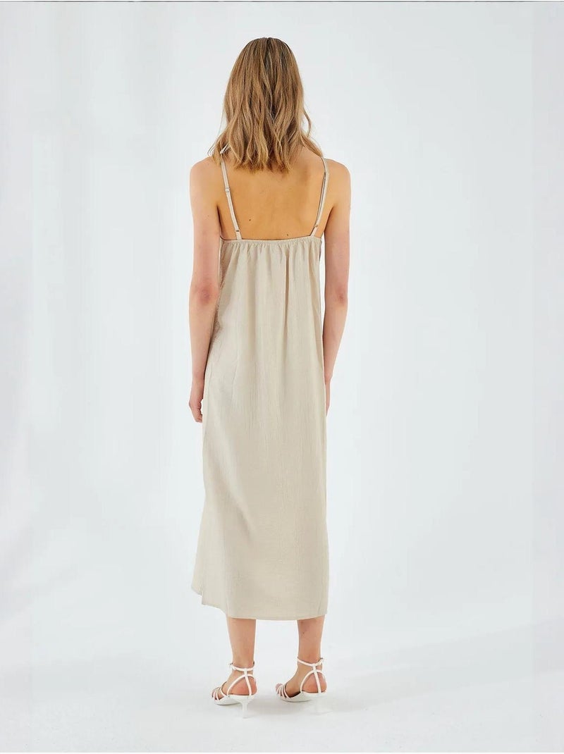 Vestido midi com decote em v e racha mixray Areia - Kiabi