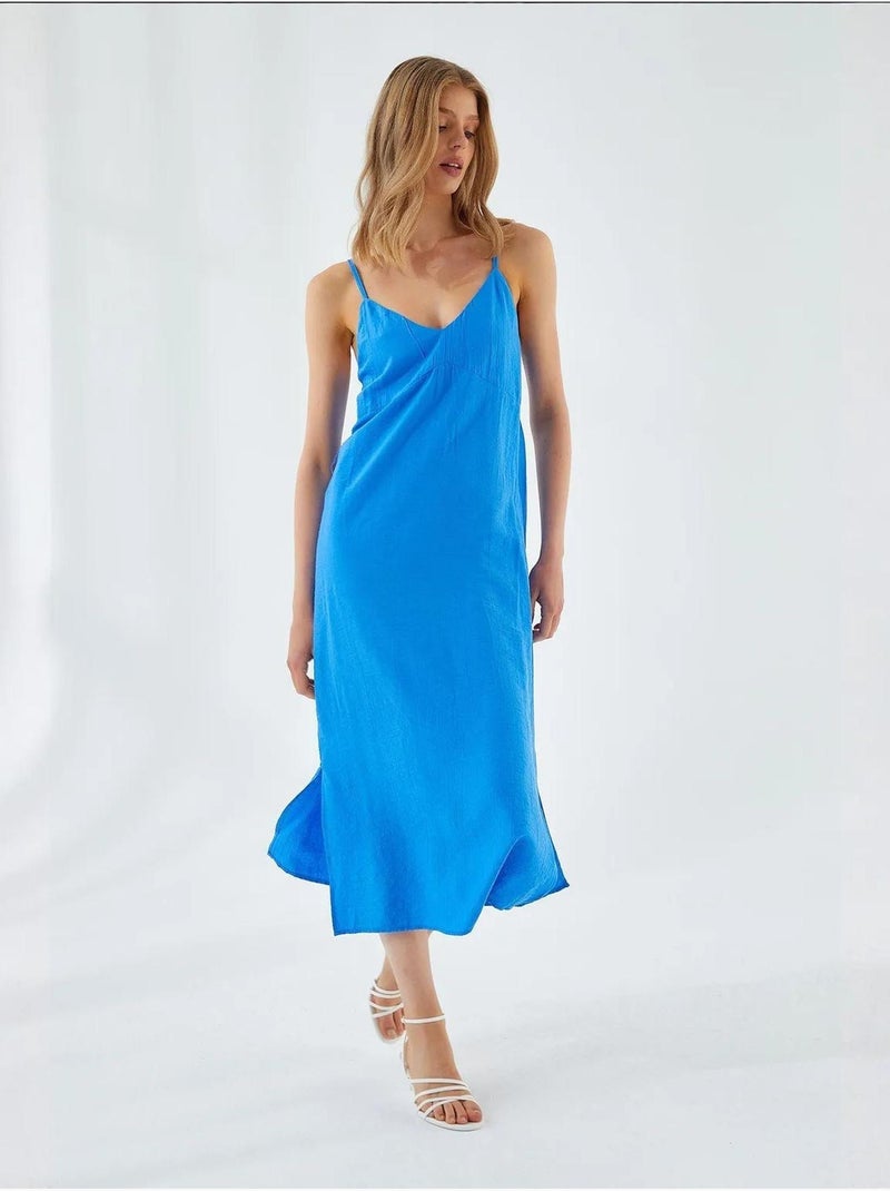 Vestido midi com decote em v e racha mixray Azul-cobalto - Kiabi