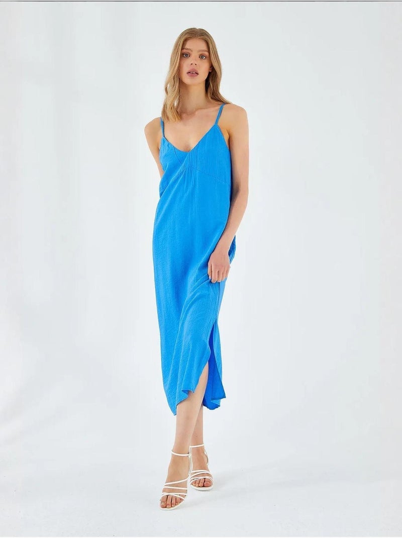Vestido midi com decote em v e racha mixray Azul-cobalto - Kiabi