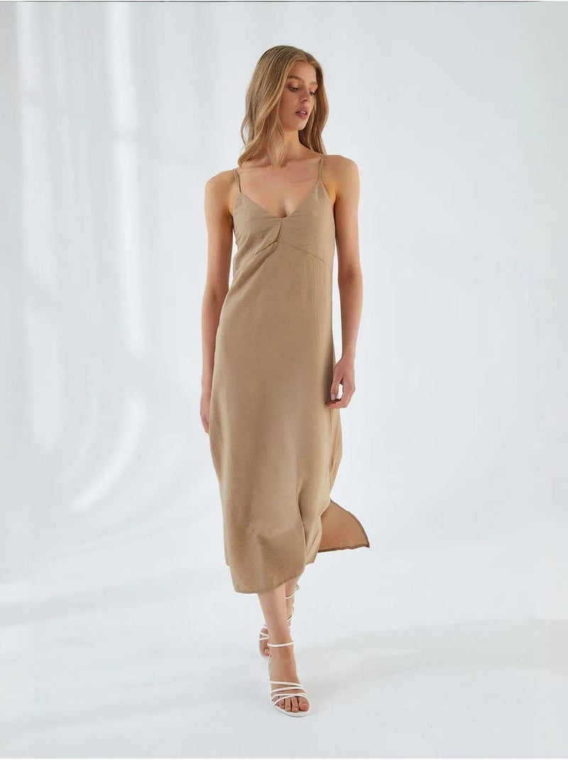 Vestido midi com decote em v e racha mixray Bege-argila - Kiabi