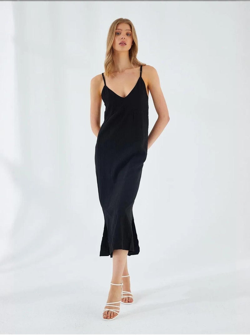 Vestido midi com decote em v e racha mixray Preto - Kiabi