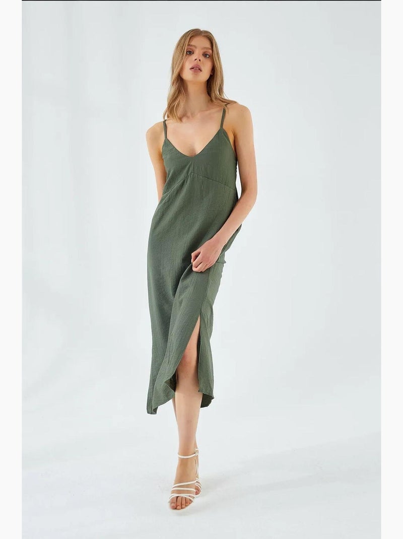 Vestido midi com decote em v e racha mixray Verde escuro - Kiabi
