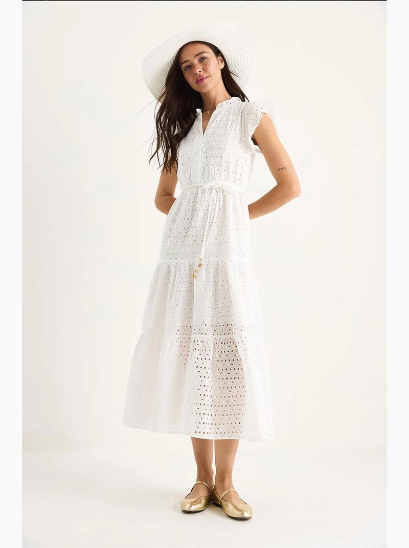 Vestido midi com decote em v, mangas e detalhes forrados lucci Branco - Kiabi