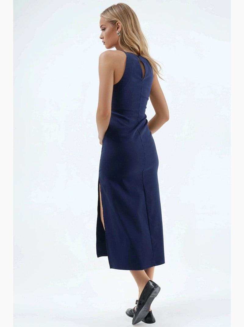Vestido midi com decote halter e racha hiccup Azul-marinho - Kiabi