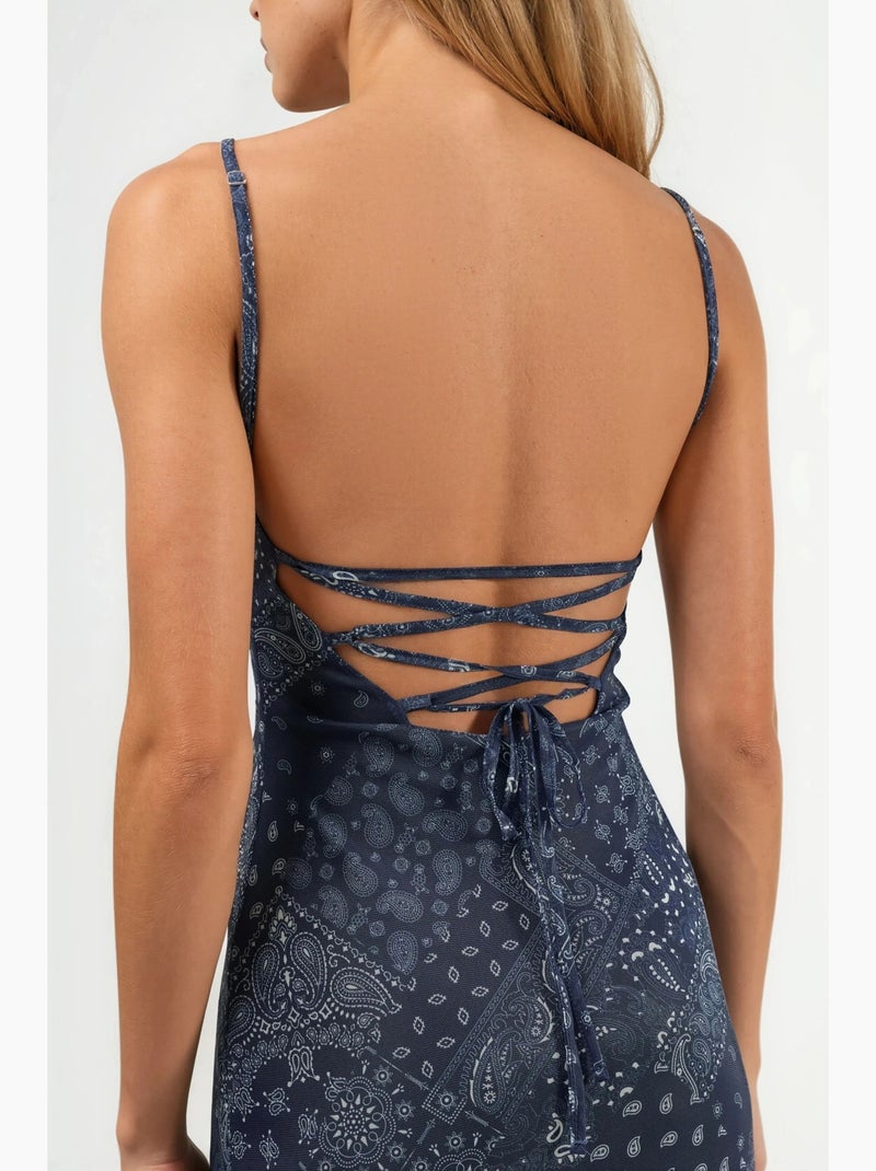 Vestido midi com decote quadrado e estampado hiccup Azul-marinho - Kiabi