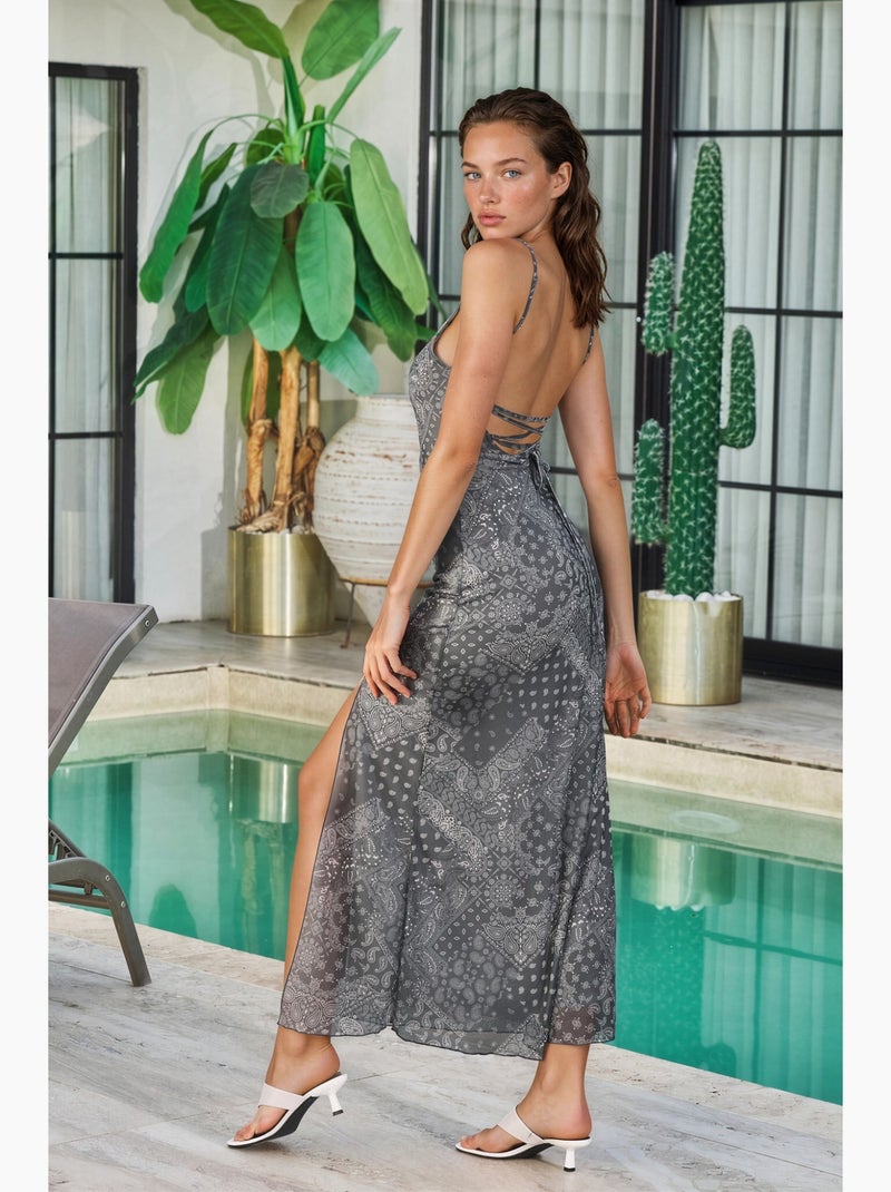 Vestido midi com decote quadrado e estampado hiccup Cinza - Kiabi