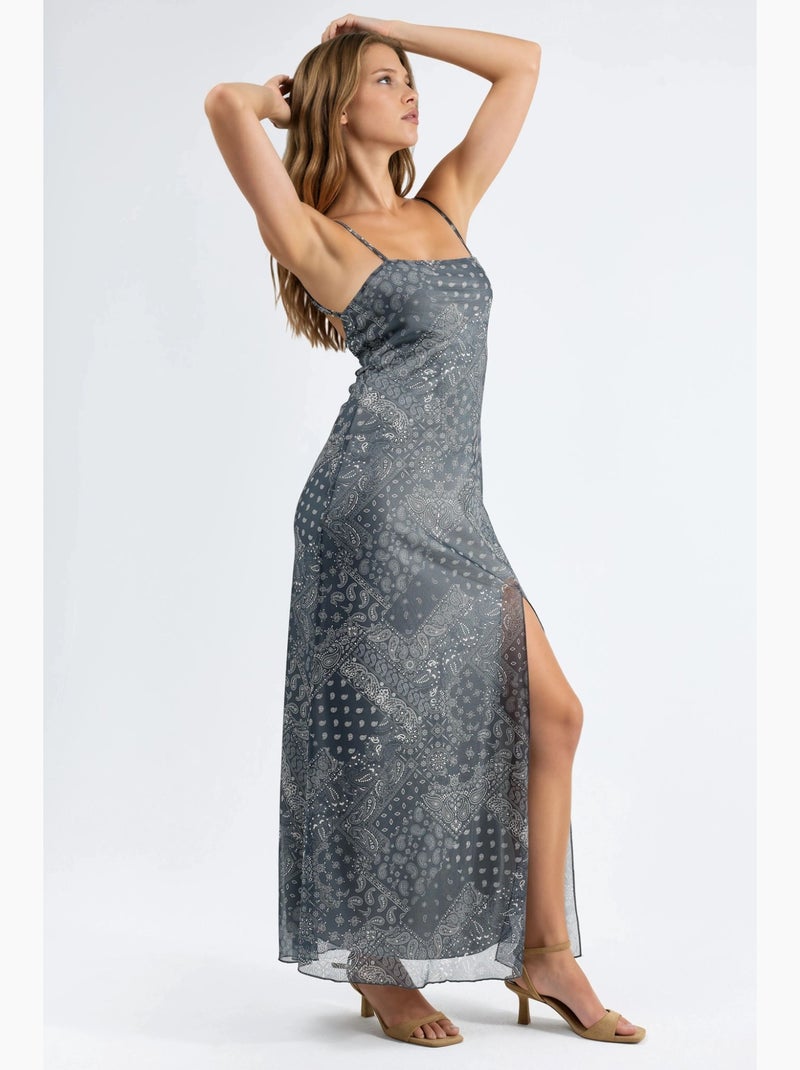 Vestido midi com decote quadrado e estampado hiccup Cinza - Kiabi