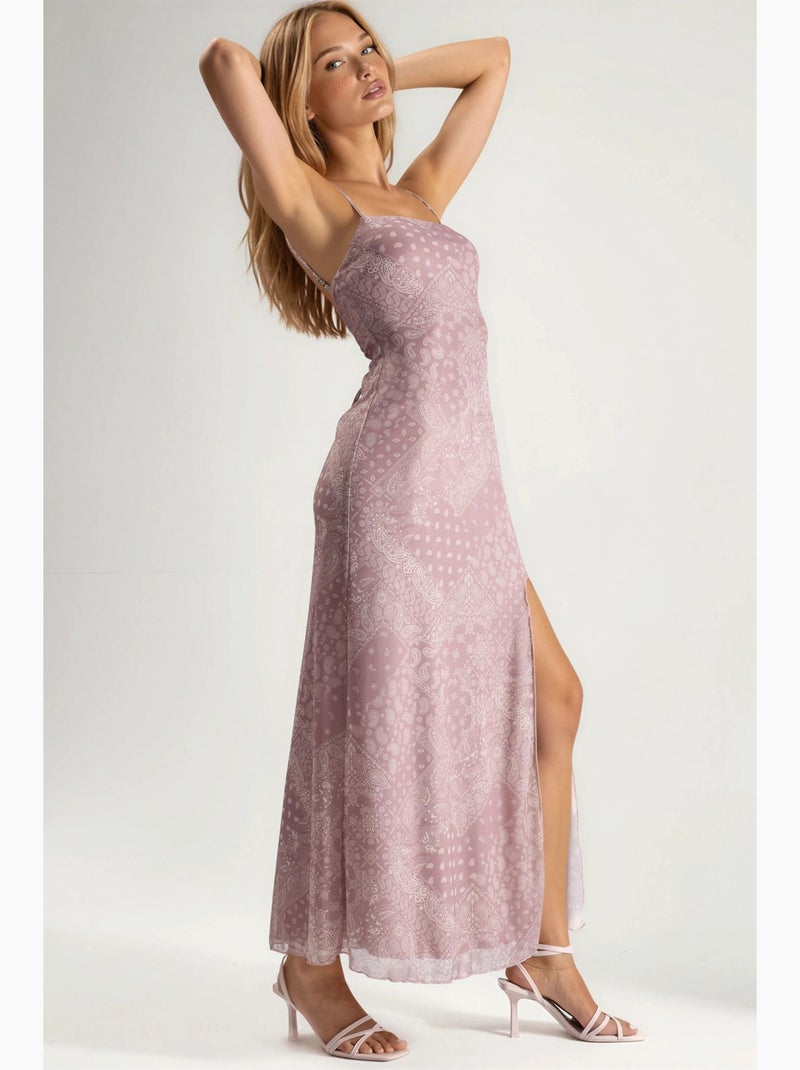 Vestido midi com decote quadrado e estampado hiccup Rosa-fluo/Solinotes - Kiabi