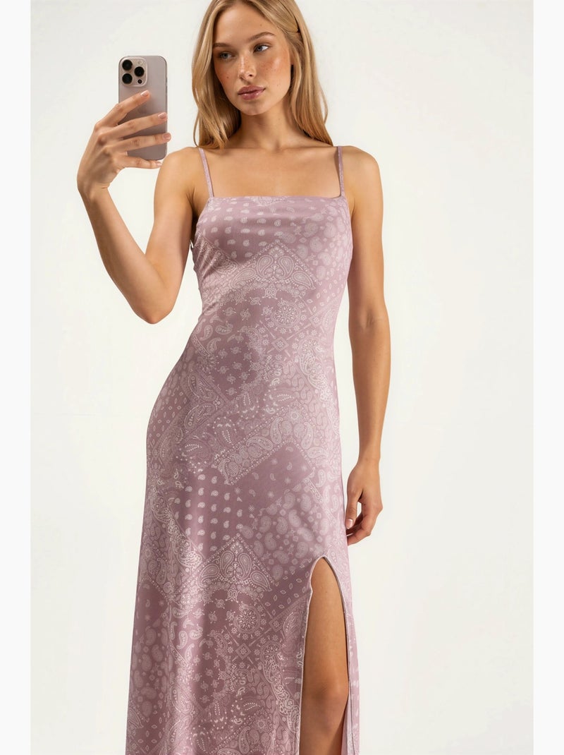 Vestido midi com decote quadrado e estampado hiccup Rosa-fluo/Solinotes - Kiabi