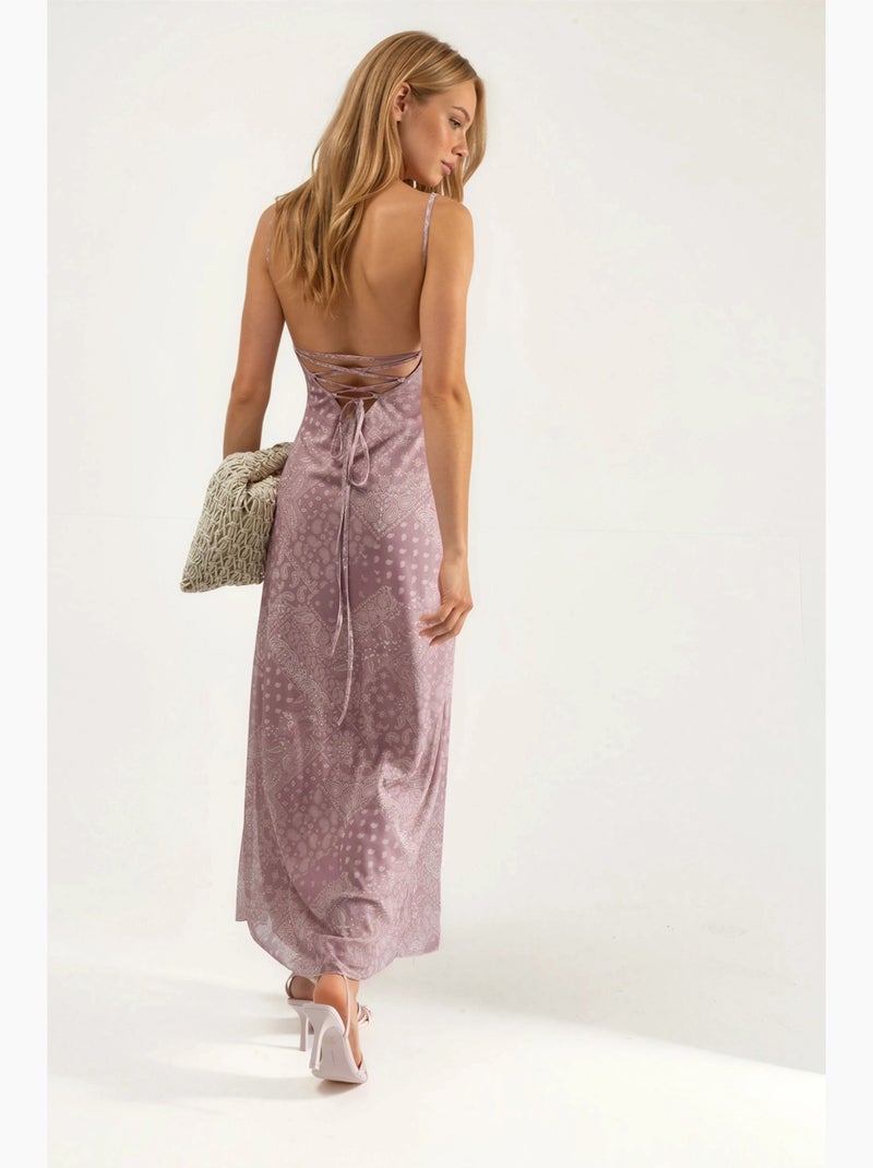 Vestido midi com decote quadrado e estampado hiccup Rosa-fluo/Solinotes - Kiabi