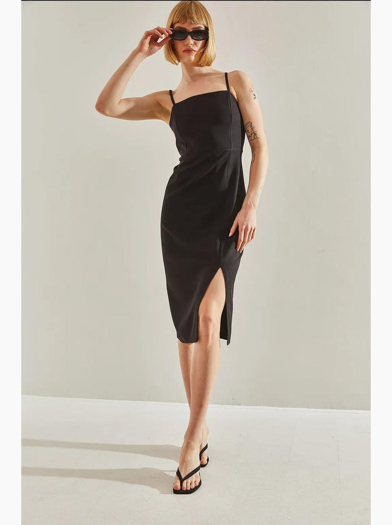Vestido midi com decote quadrado e racha lucci Preto - Kiabi