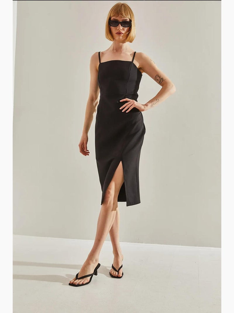 Vestido midi com decote quadrado e racha lucci Preto - Kiabi