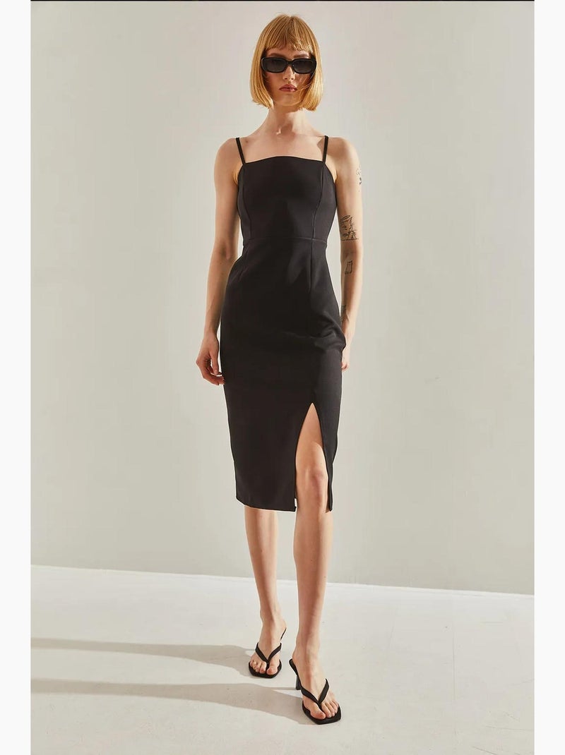 Vestido midi com decote quadrado e racha lucci Preto - Kiabi