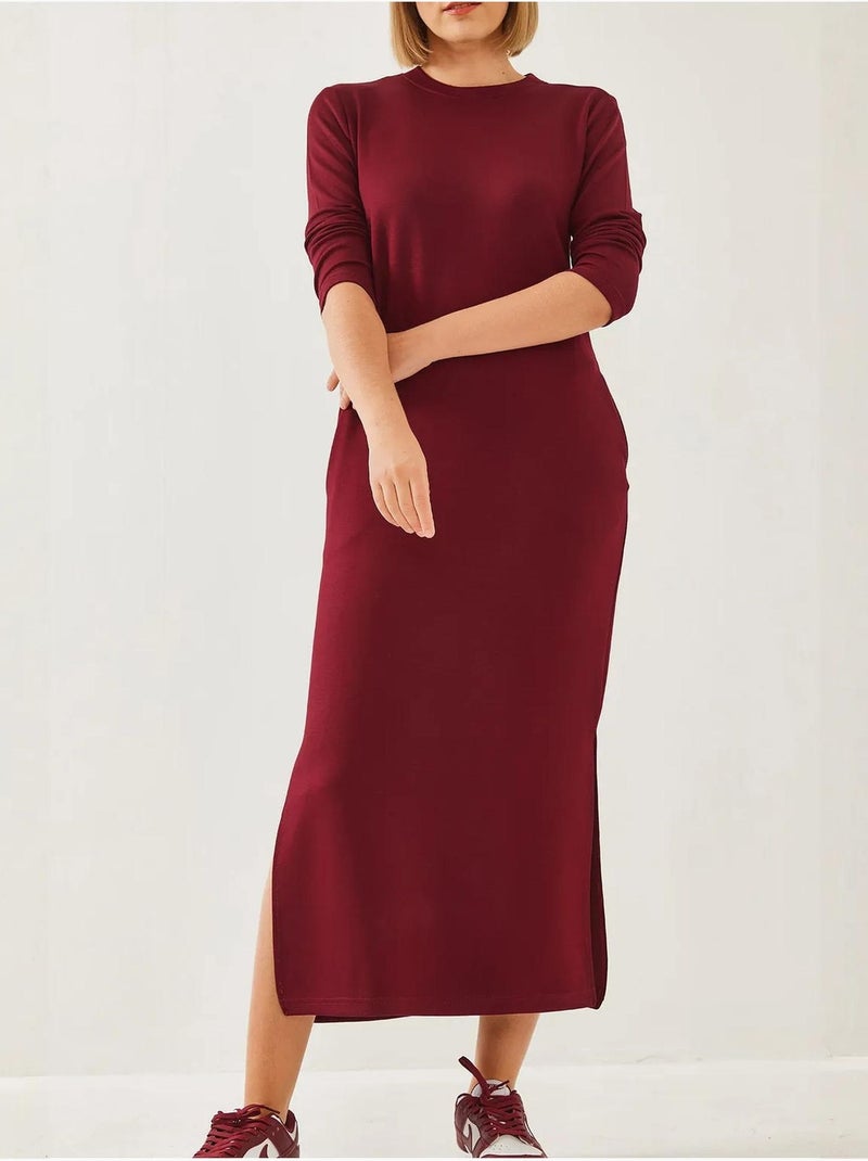 Vestido midi com decote redondo, manga comprida e racha lucci Vermelho bordô - Kiabi