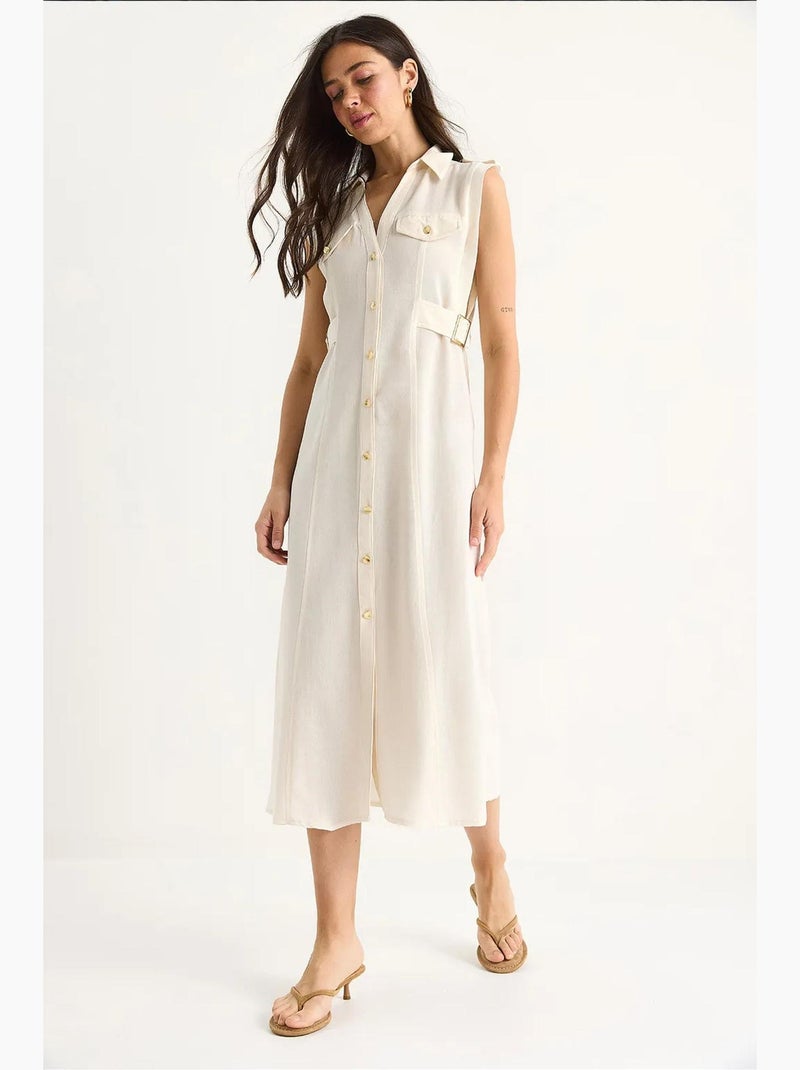 Vestido midi com detalhe de cinto lucci Bege-argila - Kiabi