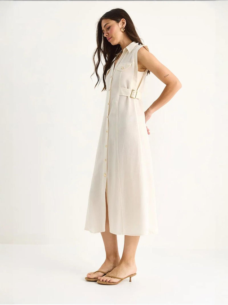Vestido midi com detalhe de cinto lucci Bege-argila - Kiabi