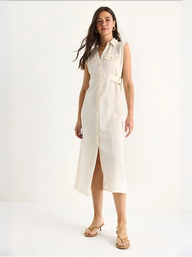 Vestido midi com detalhe de cinto lucci Bege-argila - Kiabi