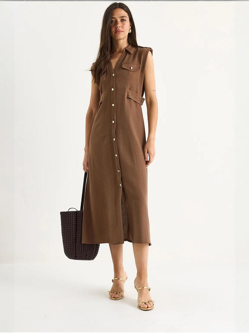 Vestido midi com detalhe de cinto lucci Castanho-claro - Kiabi