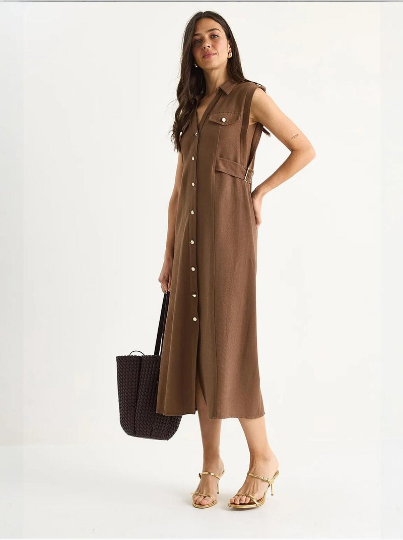 Vestido midi com detalhe de cinto lucci Castanho-claro - Kiabi