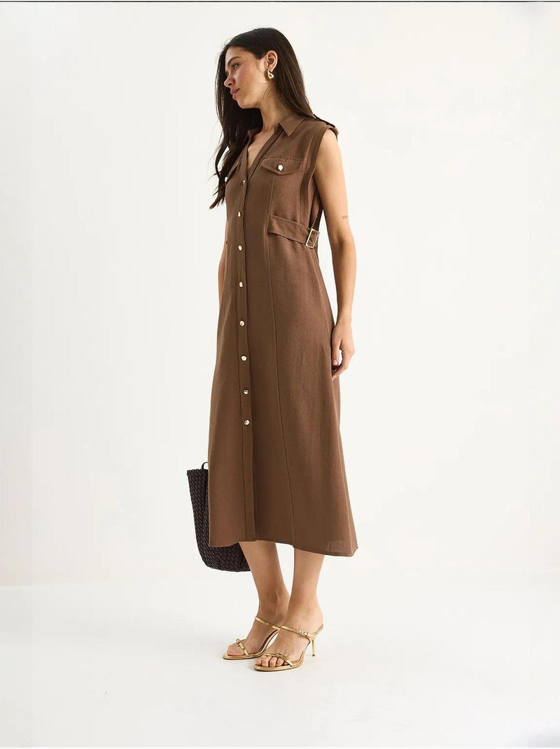 Vestido midi com detalhe de cinto lucci Castanho-claro - Kiabi