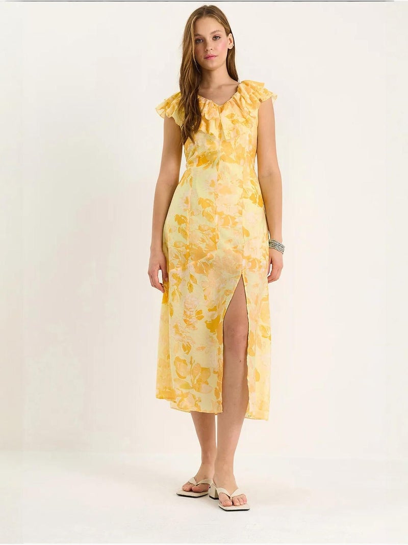 Vestido midi com detalhe de folho lucci Amarelo-limão - Kiabi
