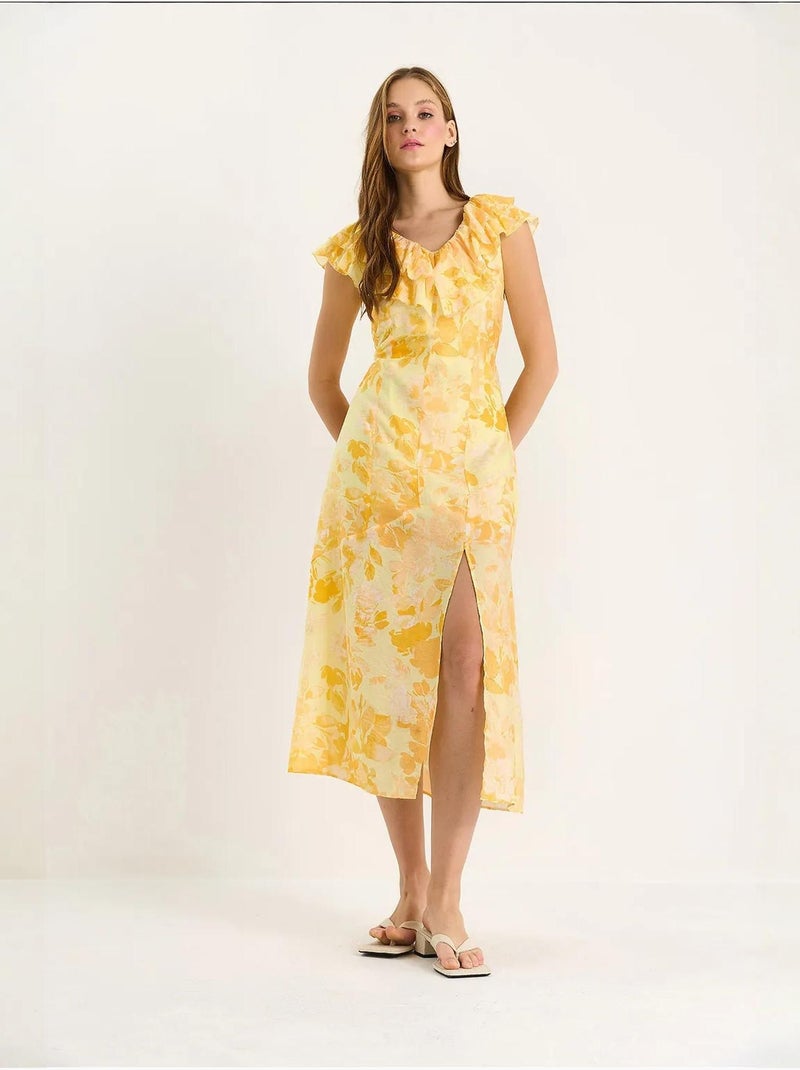 Vestido midi com detalhe de folho lucci Amarelo-limão - Kiabi