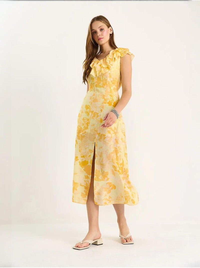 Vestido midi com detalhe de folho lucci Amarelo-limão - Kiabi