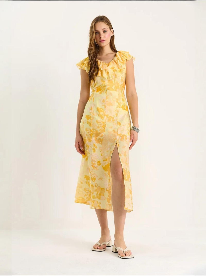 Vestido midi com detalhe de folho lucci Amarelo-limão - Kiabi