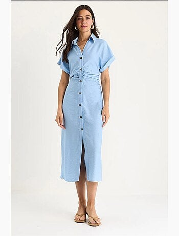 Vestido midi com drapeado lateral e decote em v lucci