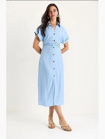 Vestido midi com drapeado lateral e decote em v lucci