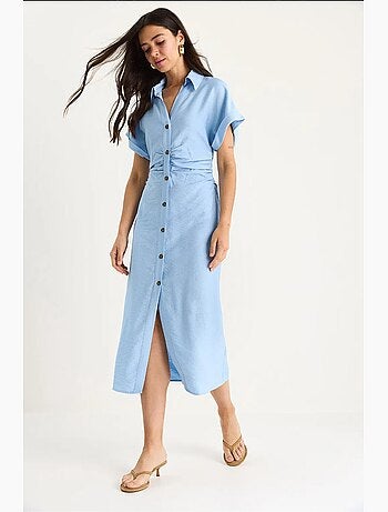 Vestido midi com drapeado lateral e decote em v lucci