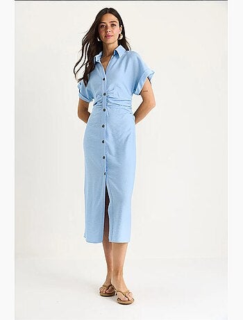 Vestido midi com drapeado lateral e decote em v lucci