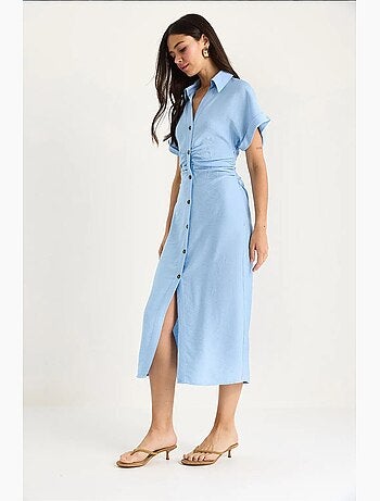Vestido midi com drapeado lateral e decote em v lucci