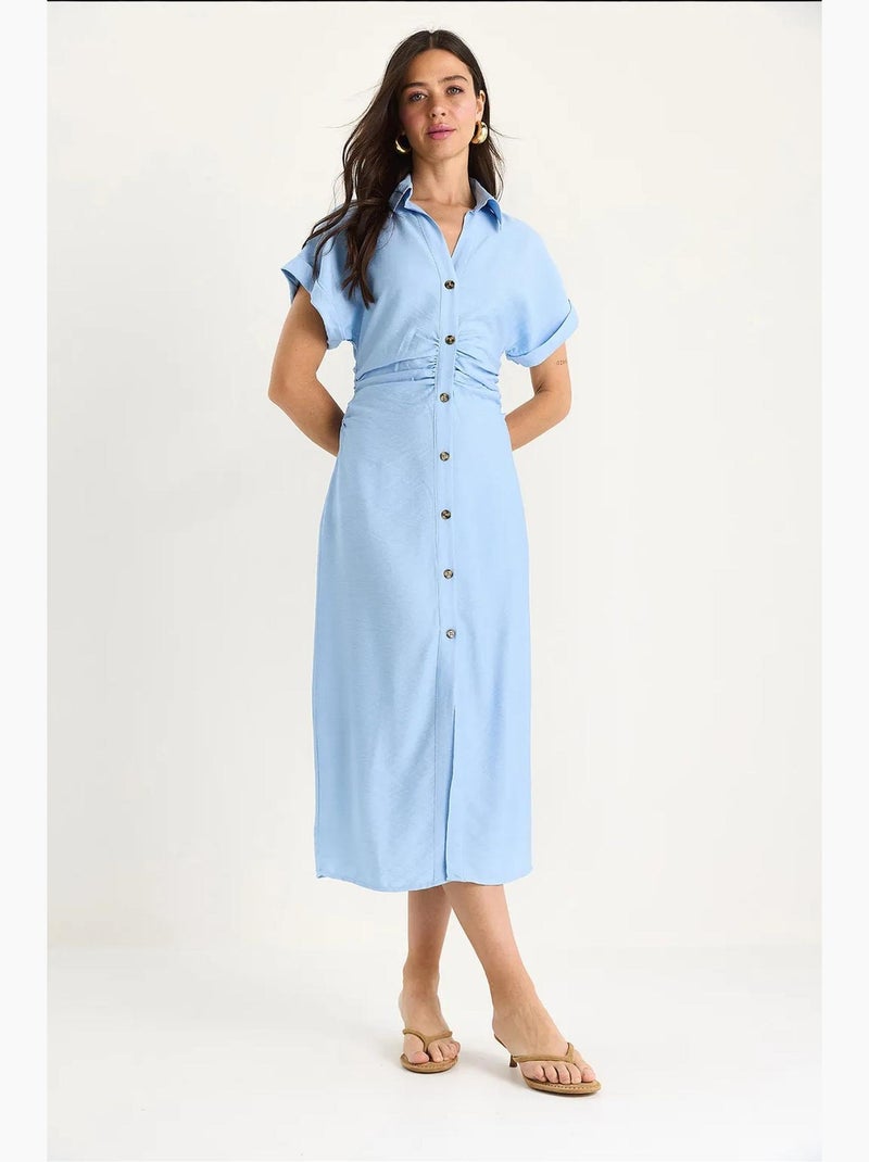 Vestido midi com drapeado lateral e decote em v lucci Azul-céu - Kiabi