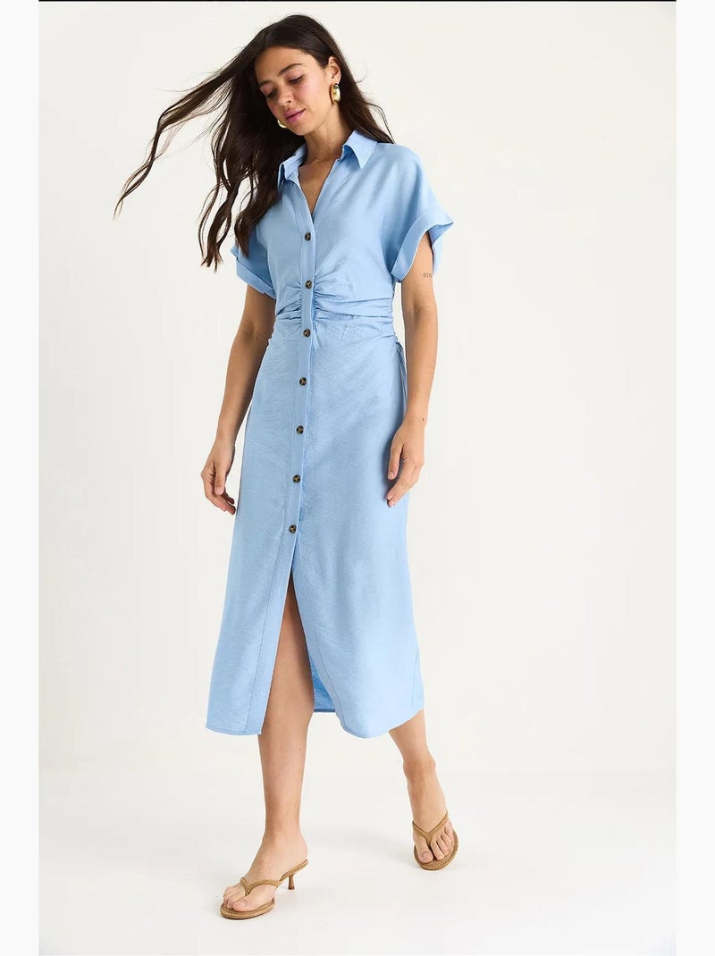 Vestido midi com drapeado lateral e decote em v lucci Azul-céu - Kiabi