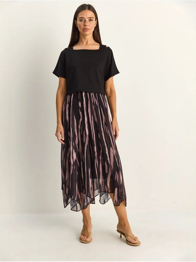 Vestido midi com estampado abstrato e decote barco lucci Preto - Kiabi