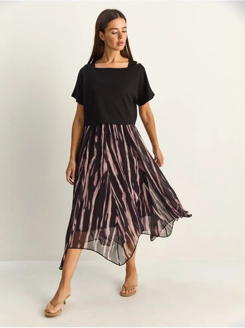 Vestido midi com estampado abstrato e decote barco lucci Preto - Kiabi