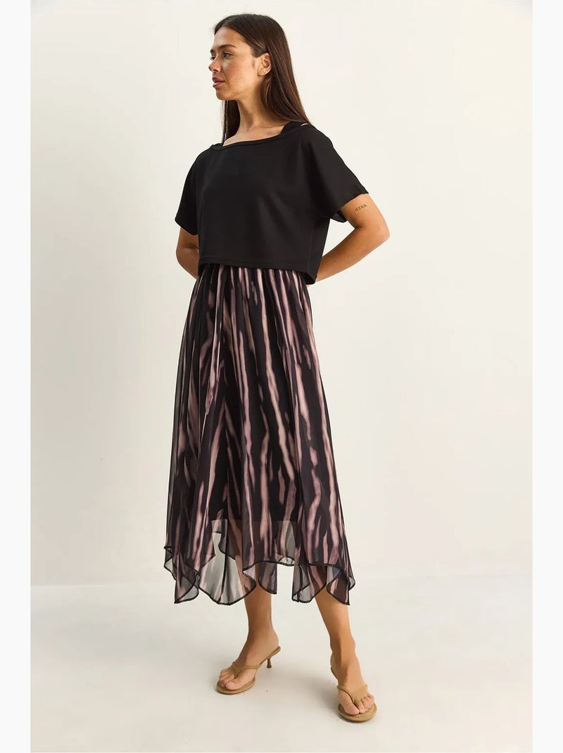 Vestido midi com estampado abstrato e decote barco lucci Preto - Kiabi