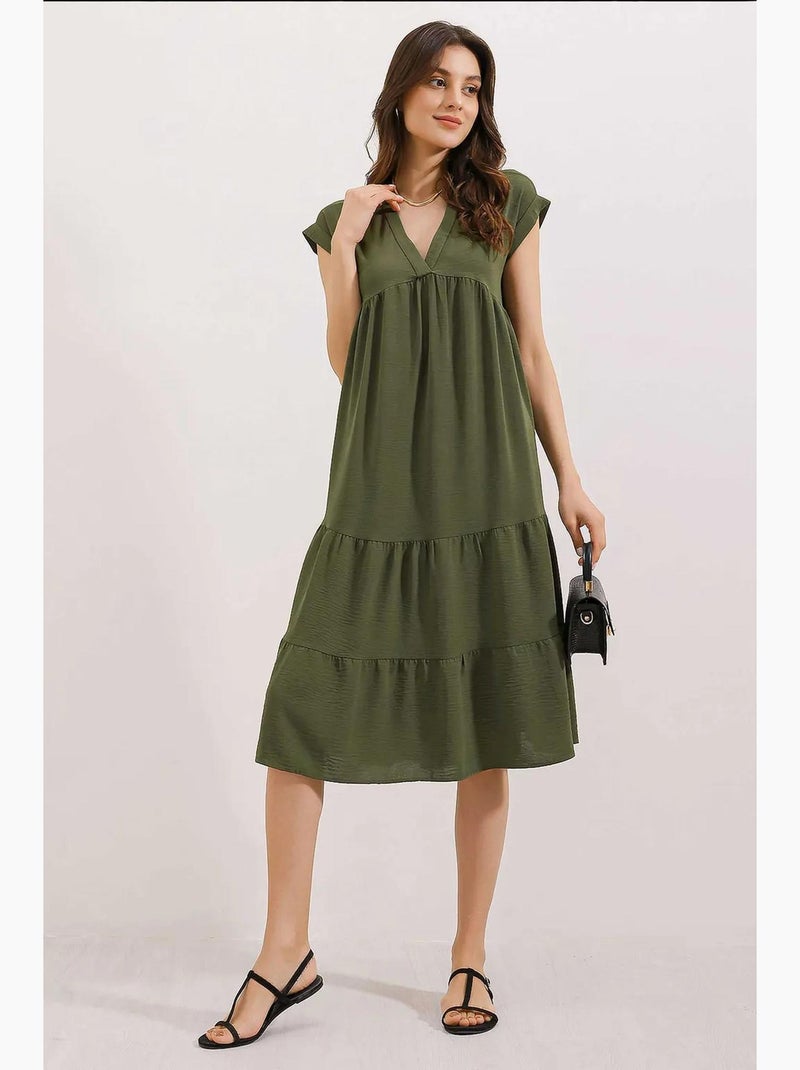 Vestido midi com folhos e decote em v bdart Cáqui - Kiabi