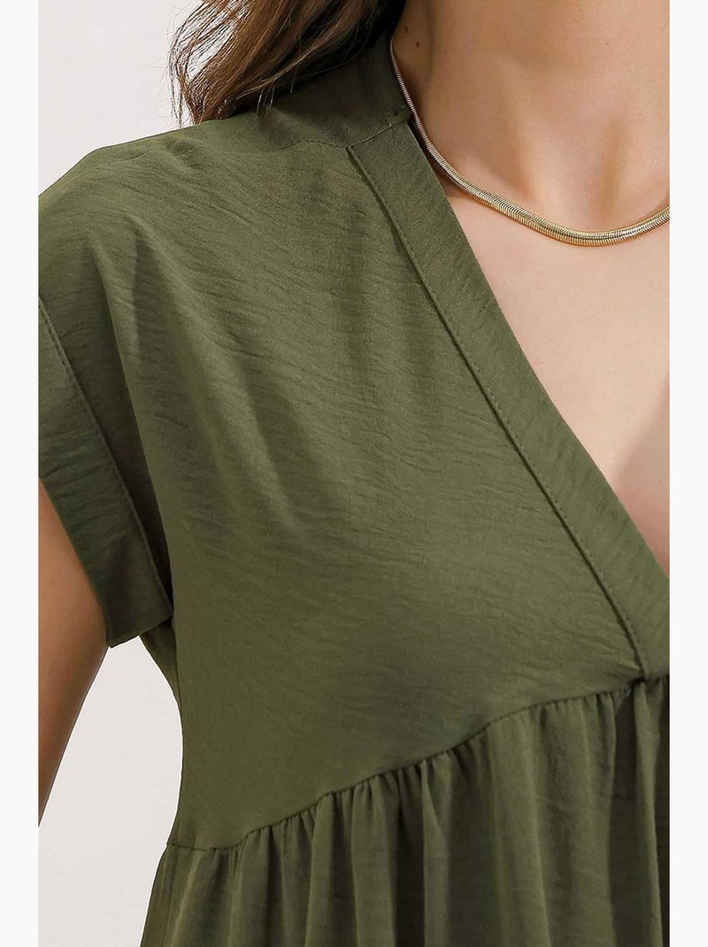Vestido midi com folhos e decote em v bdart Cáqui - Kiabi