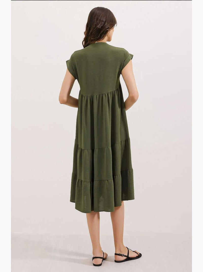 Vestido midi com folhos e decote em v bdart Cáqui - Kiabi