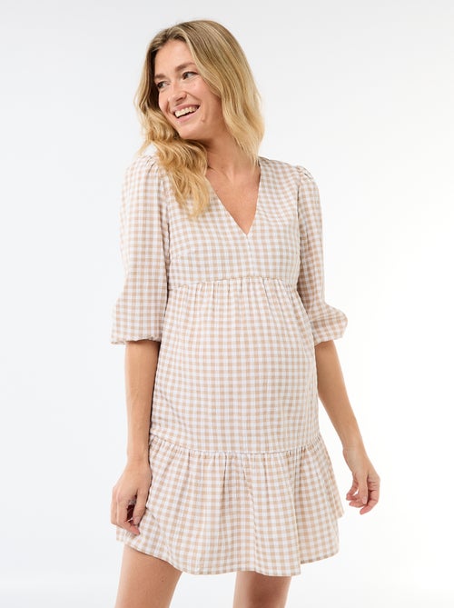 Vestido midi com folhos e padrão axadrezado - Kiabi